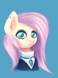 Size: 2976x3969 | Tagged: safe, alternate version, artist:coco-drillo, derpibooru import, fluttershy, pegasus, pony, fake it 'til you make it, blue background, bust, chest fluff, clothes, ear fluff, ear piercing, earring, ears, eyeshadow, fluttergoth, frown, goth, gothic, jewelry, looking at you, makeup, messy mane, necklace, piercing, portrait, serious, serious face, simple background, solo