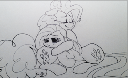 Size: 956x584 | Tagged: safe, artist:kluzart, derpibooru import, pinkie pie, earth pony, pony, duality, duo, female, hug, mare, monochrome, pinkamena diane pie, self paradox, self ponidox, traditional art