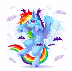 Size: 2472x2443 | Tagged: safe, alternate version, artist:buvanybu, derpibooru import, rainbow dash, bat, pegasus, pony, g4, belly button, colored wings, female, looking at you, mare, smiling, smiling at you, solo, spread wings, standing, standing on one leg, two toned wings, wings