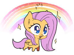 Size: 600x449 | Tagged: safe, artist:haku nichiya, derpibooru import, fluttershy, pegasus, pony, chibi, foal, rainbow, simple background, solo, white background