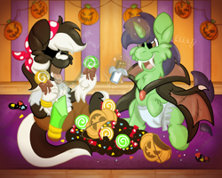 Size: 2500x2000 | Tagged: safe, artist:euspuche, derpibooru import, oc, oc only, oc:swift brush, oc:zenawa skunkpony, bat pony, earth pony, hybrid, pony, skunk, skunk pony, undead, unicorn, vampire, vampony, amputee, bandana, bat wings, bedroom, best friends, candy, chocolate, chocolate bar, claws, cloak, clothes, colt, costume, cute, decoration, diaper, drool, drool string, duo, earth pony oc, eating, eyepatch, eyes closed, fangs, foal, food, glowing, glowing horn, halloween, halloween costume, high res, holiday, hoof hold, horn, hybrid oc, incontinent, jewelry, lollipop, looking at someone, magic, magic aura, male, necklace, nightmare night, non-baby in diaper, open mouth, pants, paws, peg leg, pirate, playpen, prosthetic leg, prosthetic limb, prosthetics, pumpkin, pumpkin bucket, raised hoof, raised leg, shirt, sitting, together, tongue, tongue out, torn clothes, unicorn oc, unshorn fetlocks, wings, young
