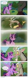 Size: 3040x8417 | Tagged: safe, artist:daffolyn, derpibooru import, edit, editor:zcord, discord, twilight sparkle, twilight sparkle (alicorn), alicorn, comic:discordant intentions, comic:discordant intentions (version 1), the ending of the end, antlers, blushing, bowing, close-up, commissioner:zcord, discolight, female, flashback, flowing hair, flowing mane, friendshipping, grass, hair grab, hair pulling, heart, hoof on chest, horn, kiss on the cheek, kissing, male, outdoors, outline, platonic kiss, raised hoof, raised leg, scene interpretation, shipping, shocked, shocked expression, shojo, signature, sparkles, straight, text edit, tsundere, white outline