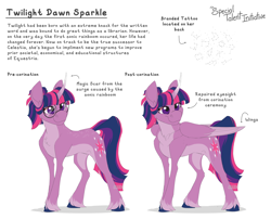 Size: 9300x7500 | Tagged: safe, artist:parrpitched, derpibooru import, twilight sparkle, twilight sparkle (alicorn), unicorn twilight, alicorn, pony, unicorn, concept art, duality, glasses, misspelling, redesign, reimagining, simple background, unshorn fetlocks, white background, wings