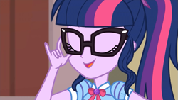 Size: 1333x750 | Tagged: safe, derpibooru import, screencap, sci-twi, twilight sparkle, better together, equestria girls, holidays unwrapped, bowtie, clothes, eyes closed, female, geode, geode of telekinesis, glasses, hair, magical geodes, ponytail, puffy sleeves, shirt, teenager, the cider louse fools