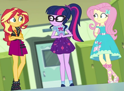 Size: 923x677 | Tagged: safe, derpibooru import, screencap, fluttershy, sci-twi, sunset shimmer, twilight sparkle, human, better together, equestria girls, holidays unwrapped, clothes, cropped, female, fluttershy boho dress, glasses, o come all ye squashful, polo shirt, ponytail, skirt, teenager, trio, trio female