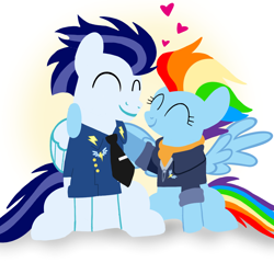 Size: 1400x1400 | Tagged: safe, artist:mlplary6, derpibooru import, rainbow dash, soarin', pegasus, pony, the last problem, ^^, bomber jacket, clothes, duo, eyes closed, female, heart, husband and wife, jacket, love, male, mare, married couple, older, older rainbow dash, older soarin', older soarindash, shipping, sitting, smiling, soarindash, stallion, straight