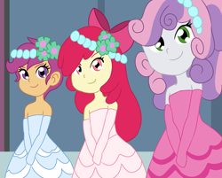 Size: 1024x824 | Tagged: safe, artist:studiodraw, derpibooru import, apple bloom, scootaloo, sweetie belle, human, equestria girls, clothes, cutie mark crusaders, dress, female, flower, flower girl, flower girl dress, flower in hair, smiling, trio