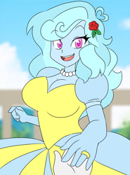 Size: 1280x1729 | Tagged: safe, artist:studiodraw, derpibooru import, oc, oc only, oc:jeremy sparkle, human, equestria girls, breasts, cinderella, clothes, dress, female, flower, flower in hair, gown, jetlag productions, jewelry, necklace, open mouth, open smile, pearl necklace, poofy shoulders, ring, smiling, solo