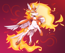 Size: 2236x1836 | Tagged: safe, artist:lucythunderforth, derpibooru import, daybreaker, alicorn, pony, g4, antagonist, armor, crown, curved horn, digital art, ethereal mane, ethereal tail, eyelashes, fangs, feather, female, fire, flowing mane, flowing tail, gem, golden eyes, helmet, high res, hoof shoes, horn, jewelry, long horn, looking at you, mane of fire, mare, peytral, red background, regalia, signature, simple background, smiling, smiling at you, solo, spread wings, tail, tail of fire, teeth, villainess, wing armor, wings