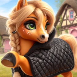 Size: 1024x1024 | Tagged: safe, ai content, machine learning generated, applejack, earth pony, pony, bing, braid, clothes, female, hoof polish, mare, missing accessory, ponyville, solo, underhoof, unshorn fetlocks