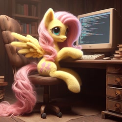Size: 1024x1024 | Tagged: safe, ai content, machine learning generated, fluttershy, pegasus, pony, alternate cutie mark, bing, book, chair, computer, desk, dirty, female, fluffy, mare, messy mane, messy tail, programming, solo