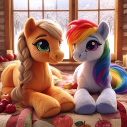 Size: 1024x1024 | Tagged: safe, ai content, machine learning generated, applejack, rainbow dash, earth pony, pony, apple, bing, braid, duo, female, mare, missing accessory, plushie, quilt, race swap, snow, window, winter