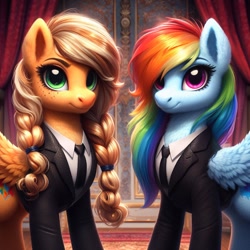 Size: 1024x1024 | Tagged: safe, ai content, machine learning generated, applejack, rainbow dash, pegasus, pony, alternate cutie mark, alternate hairstyle, bing, braid, clothes, duo, female, fluffy, looking at you, mare, missing accessory, race swap, suit