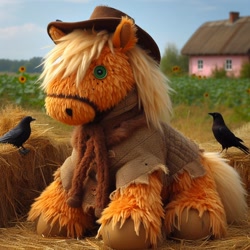 Size: 1024x1024 | Tagged: safe, ai content, machine learning generated, applejack, bird, crow, earth pony, pony, bing, clothes, cowboy hat, female, flower, mare, scarecrow, scarecrow pony, tattered