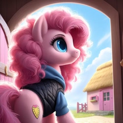 Size: 1024x1024 | Tagged: safe, ai content, machine learning generated, pinkie pie, earth pony, pony, alternate cutie mark, bing, butt, clothes, door, female, fluffy, looking away, mare, plot, ponyville, profile, rear view, side view, solo, wrong cutie mark