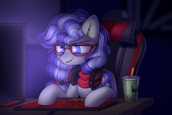 Size: 3000x2000 | Tagged: safe, artist:starlyfly, derpibooru import, oc, oc only, oc:cinnabyte, earth pony, pony, bubble tea, chair, computer, computer mouse, computer screen, drink, earth pony oc, eyebrows, eyebrows visible through hair, female, gaming, gaming chair, glasses, headphones, high res, indoors, keyboard, mare, office chair, pigtails, signature, sitting, solo