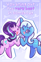 Size: 1200x1800 | Tagged: safe, artist:typhwosion, derpibooru import, starlight glimmer, trixie, pony, unicorn, g4, ><, cheek squish, cheek to cheek, cute, duo, eyes closed, female, hoofbump, lesbian, mare, one eye closed, open mouth, open smile, positive ponies, reformed starlight, shipping, smiling, squishy cheeks, starry eyes, startrix, text, wingding eyes, wink