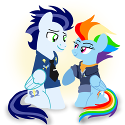 Size: 1400x1400 | Tagged: safe, artist:mlplary6, derpibooru import, rainbow dash, soarin', pegasus, pony, the last problem, bomber jacket, clothes, female, husband and wife, jacket, looking at each other, looking at someone, male, mare, married couple, older, older rainbow dash, older soarin', older soarindash, shipping, sitting, smiling, smiling at each other, soarindash, stallion, straight