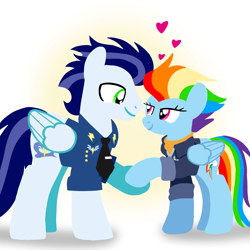 Size: 1400x1400 | Tagged: safe, artist:mlplary6, derpibooru import, rainbow dash, soarin', pegasus, pony, the last problem, bomber jacket, clothes, female, heart, husband and wife, jacket, looking at each other, looking at someone, love, male, mare, married couple, older, older rainbow dash, older soarin', older soarindash, shipping, smiling, smiling at each other, soarindash, stallion, straight