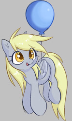Size: 780x1312 | Tagged: safe, artist:mushy, derpibooru import, derpy hooves, pegasus, pony, balloon, female, gray background, mare, simple background, solo