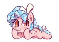 Size: 966x682 | Tagged: safe, artist:deerie, derpibooru import, cozy glow, pegasus, pony, blushing, bow, colored, female, filly, foal, freckles, hooves on cheeks, looking at you, lying down, prone, simple background, smiling, solo, tail, tail bow, white background, wings