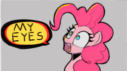 Size: 1280x724 | Tagged: safe, artist:ponconcarnal, derpibooru import, pinkie pie, earth pony, pony, animated, bust, gray background, my eyes, open mouth, scared, simple background, solo, speech bubble, spongebob squarepants, text, the spongebob squarepants movie