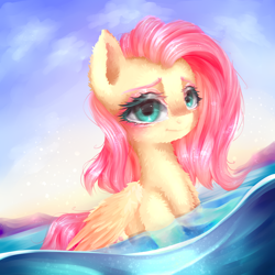 Size: 2000x2000 | Tagged: safe, artist:anieliy, artist:anieliy_, derpibooru import, fluttershy, pegasus, pony, g4, colored eyebrows, eyebrows, female, fluffy, folded wings, high res, looking at you, mare, ocean, solo, swimming, water, wings