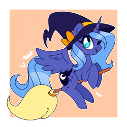 Size: 1500x1500 | Tagged: safe, artist:vivian reed, derpibooru import, princess luna, alicorn, pony, border, broom, cute, female, flying, flying broomstick, halloween, hat, heart, heart eyes, holiday, lunabetes, mare, one eye closed, open mouth, open smile, orange background, riding, s1 luna, simple background, smiling, solo, spread wings, wingding eyes, wings, witch hat