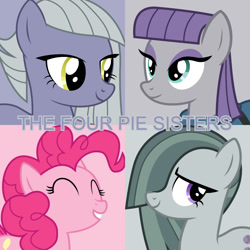 Size: 1080x1080 | Tagged: safe, artist:cheezedoodle96, artist:cloudy glow, artist:kooner-cz, artist:solusjbj, derpibooru import, edit, editor:jaredking779, limestone pie, marble pie, maud pie, pinkie pie, earth pony, pony, female, gray background, grin, mare, pie sisters, pink background, siblings, simple background, sisters, smiling, when she smiles