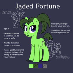 Size: 900x900 | Tagged: safe, artist:unitxxvii, derpibooru import, oc, oc:jaded fortune, earth pony, pony, blue background, female, looking at you, mare, reference sheet, simple background, smiling, smiling at you, solo