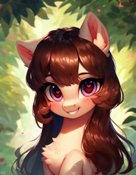 Size: 800x1024 | Tagged: safe, ai content, derpibooru import, generator:purplesmart.ai, generator:stable diffusion, machine learning generated, oc, oc only, pony, bangs, beautiful, blushing, brown mane, bust, chest fluff, cute, female, grin, heart, heart eyes, leaves, long hair, looking at you, mare, portrait, prompter:diego96, smiling, smiling at you, solo, teeth, wingding eyes