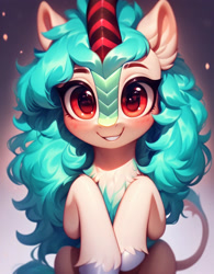 Size: 800x1024 | Tagged: safe, ai content, derpibooru import, generator:purplesmart.ai, generator:stable diffusion, machine learning generated, oc, oc only, kirin, beautiful, blushing, bust, cute, female, hooves, kirin oc, long hair, looking at you, messy mane, portrait, prompter:diego96, red eyes, simple background, smiling, smiling at you, solo, tail, teeth
