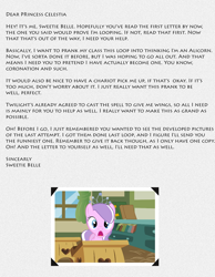 Size: 700x900 | Tagged: safe, artist:faelaarts, derpibooru import, diamond tiara, earth pony, pony, fanfic:a little loopy, fanfic art, groundhog day loop, implied sweetie belle, letter, misspelling, open mouth, solo, text