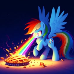 Size: 1024x1024 | Tagged: safe, ai content, derpibooru import, machine learning generated, rainbow dash, pegasus, pony, destruction, eye beams, female, food, mare, pie, rainbow, solo, spread wings, that pony sure does hate pies, wings