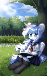 Size: 1800x2907 | Tagged: source needed, safe, artist:yilo, derpibooru import, oc, oc only, oc:ori, pony, unicorn, book, clothes, forest, school uniform, solo, tree, under the tree, water