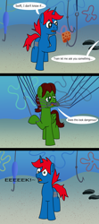 Size: 1440x3240 | Tagged: safe, artist:platinumdrop, derpibooru import, oc, oc:swiftgaia, oc:train track, bait, comic, commission, descriptive noise, dialogue, hook, hooky, speech bubble, spongebob squarepants