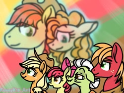 Size: 1024x768 | Tagged: safe, artist:funnyk16, derpibooru import, apple bloom, applejack, big macintosh, bright mac, granny smith, pear butter, earth pony, pony, apple family, female, filly, foal, male, mare, ponytober, ponytober 2023, stallion, watermark