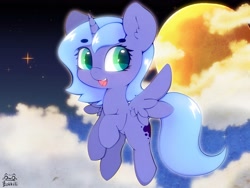 Size: 4000x3000 | Tagged: safe, artist:zokkili, derpibooru import, princess luna, alicorn, pony, g4, beanbrows, cloud, cute, ear fluff, ears, eyebrows, eyebrows visible through hair, female, flying, full moon, heart, heart eyes, high, horn, looking sideways, lunabetes, moon, night, night sky, signature, sky, solo, sparkles, spread wings, stars, wingding eyes, wings