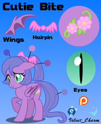 Size: 6293x7765 | Tagged: safe, artist:velvetcharm, derpibooru import, oc, oc only, oc:cutie bite, bat pony, 2d, accessory, bat ears, bat eyes, bat pony oc, bat wings, blue mane, blushing, cute, derpibooru logo, e621 logo, ears, eyeshadow, female oc, floppy ears, flower, folded wings, freckles, gradient background, green eyes, makeup, patreon, patreon logo, pink eyeshadow, purple fur, reference sheet, spread wings, vector, wings