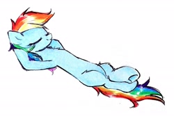 Size: 2697x1800 | Tagged: safe, artist:liaaqila, derpibooru import, edit, editor:nova twinkle, rainbow dash, pony, arm behind head, cute, dashabetes, eyes closed, female, long pony, lying down, mare, missing cutie mark, on back, simple background, smiling, solo, traditional art, underhoof, white background, wingless