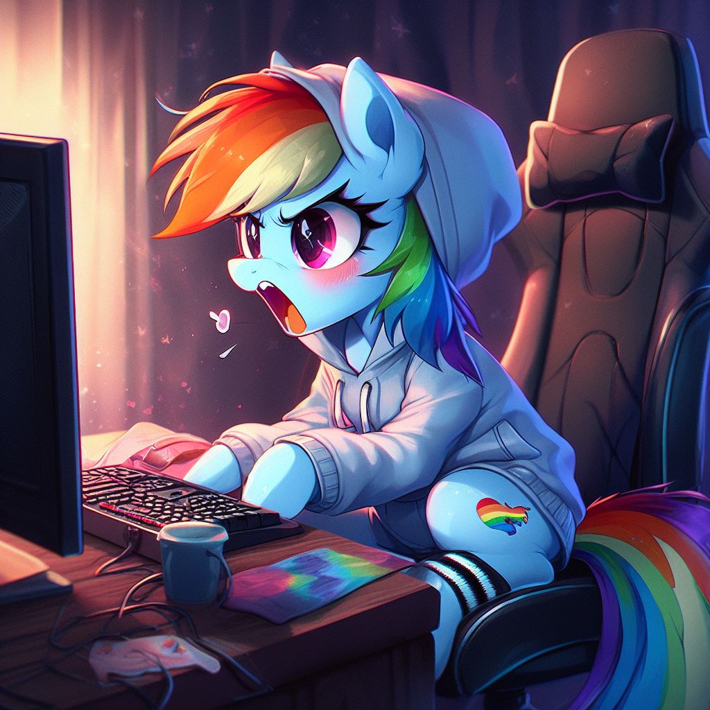 3454474 - safe, ai content, derpibooru import, generator:dall-e 3, machine  learning generated, rainbow dash, pegasus, pony, angry, blushing, chair,  clothes, computer, desk, female, hoodie, keyboard, mare, monitor, mug,  office chair, open mouth,