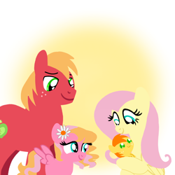 Size: 1400x1400 | Tagged: safe, artist:mlplary6, derpibooru import, big macintosh, fluttershy, oc, oc:autumn crisp, oc:melody blossom, earth pony, pegasus, pony, baby, baby pony, colt, family, female, filly, flower, flower in hair, fluttermac, foal, husband and wife, looking at each other, looking at someone, male, mare, married couple, newborn, offspring, parent:big macintosh, parent:fluttershy, parents:fluttermac, shipping, siblings, smiling, smiling at each other, stallion, straight
