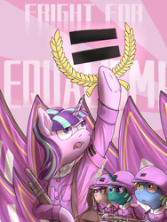 Size: 1536x2048 | Tagged: safe, artist:soursweet cheese, derpibooru import, starlight glimmer, earth pony, pony, unicorn, bag, clothes, friendship is a lie, helmet, military uniform, propaganda, uniform