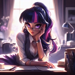 Size: 1024x1024 | Tagged: safe, ai content, derpibooru import, generator:dall-e 3, machine learning generated, sci-twi, twilight sparkle, human, book, bracelet, bravery, breasts, chair, cleavage, clothes, collar shirt, compassion, courage, cute, desk, feminism, flower, glasses, hand on face, hope, humanized, jewelry, kindness, lamp, looking at you, necklace, notes, office, office lady, optimism, pen, pencil, pinstripe, pinstripe shirt, pinstripe waistcoat, ponytail, primal, secretary, seductive, seductive look, seductive pose, shirt, skirt, solo, stupid sexy twilight, twiabetes, twisass sparkle, waistcoat