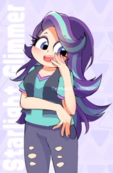 Size: 970x1491 | Tagged: safe, artist:leo19969525, derpibooru import, starlight glimmer, human, equestria girls, clothes, cute, female, glimmerbetes, hand on cheek, human coloration, open mouth, pants, ripped pants, smiling, solo, torn clothes, vest