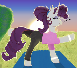 Size: 1550x1358 | Tagged: safe, artist:raritymylove, derpibooru import, rarity, pony, chest fluff, clothes, ear fluff, ears, pants, solo, sunset, workout outfit, yoga pants