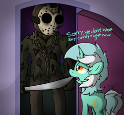 Size: 2697x2504 | Tagged: safe, artist:background basset, derpibooru import, lyra heartstrings, human, pony, unicorn, g4, dialogue, door, doorway, friday the 13th, hockey mask, jason voorhees, lidded eyes, machete, mask, oblivious, open mouth, tail, text