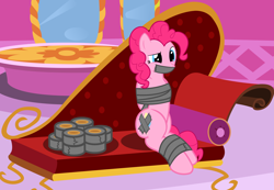 Size: 7688x5313 | Tagged: safe, artist:cardshark777, derpibooru import, pinkie pie, earth pony, pony, arm behind back, bondage, bound and gagged, carousel boutique, confused, covered cutie mark, digital art, duct tape, fainting couch, female, gag, hooves behind back, implied rarity, mare, mirror, pillow, sitting, solo, story included, tape, tape bondage, tape gag, tied up