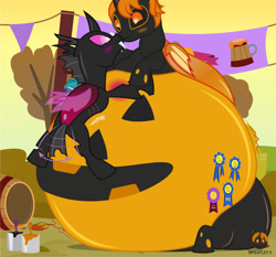 Size: 1331x1241 | Tagged: safe, artist:wheatley r.h., derpibooru exclusive, derpibooru import, part of a set, oc, oc only, oc:lara, oc:w. rhinestone eyes, changeling, autumn, barrel, bat wings, belly, belly bed, belly expansion, big belly, blue ribbon, blushing, bodypaint, butt, eyes closed, female, folded wings, growth, halloween, happy, holiday, honeypot changeling, huge belly, huge butt, impossibly large belly, impossibly large butt, jack-o-lantern, kiss on the lips, kissing, lamp, large butt, leaf, love, male, mare, onomatopoeia, orange changeling, paint can, paintbrush, painting, pink changeling, pumpkin, pumpkin gut, rule 63, stallion, tree, vector, watermark, wheatlette, wings