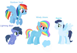 Size: 750x513 | Tagged: safe, artist:rai-knightshade, derpibooru import, rainbow dash, soarin', oc, oc:lightning blast, oc:windy storm, pegasus, pony, female, male, mare, offspring, parent:rainbow dash, parent:soarin', parents:soarindash, shipping, soarindash, stallion, straight